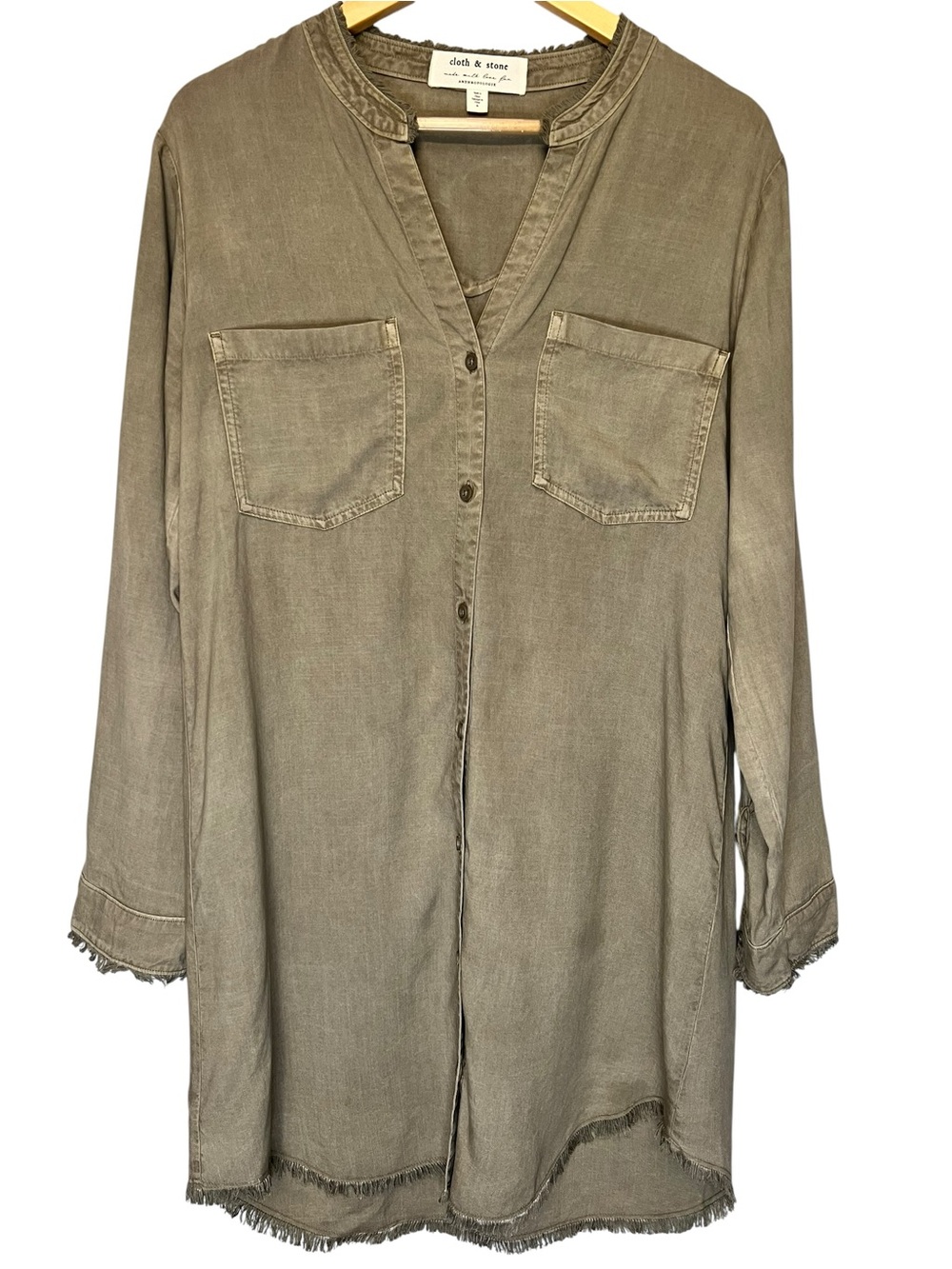 Anthropologie Tencel Fringed Tunic Shirt Dress Medium Olive Green Raw Hem